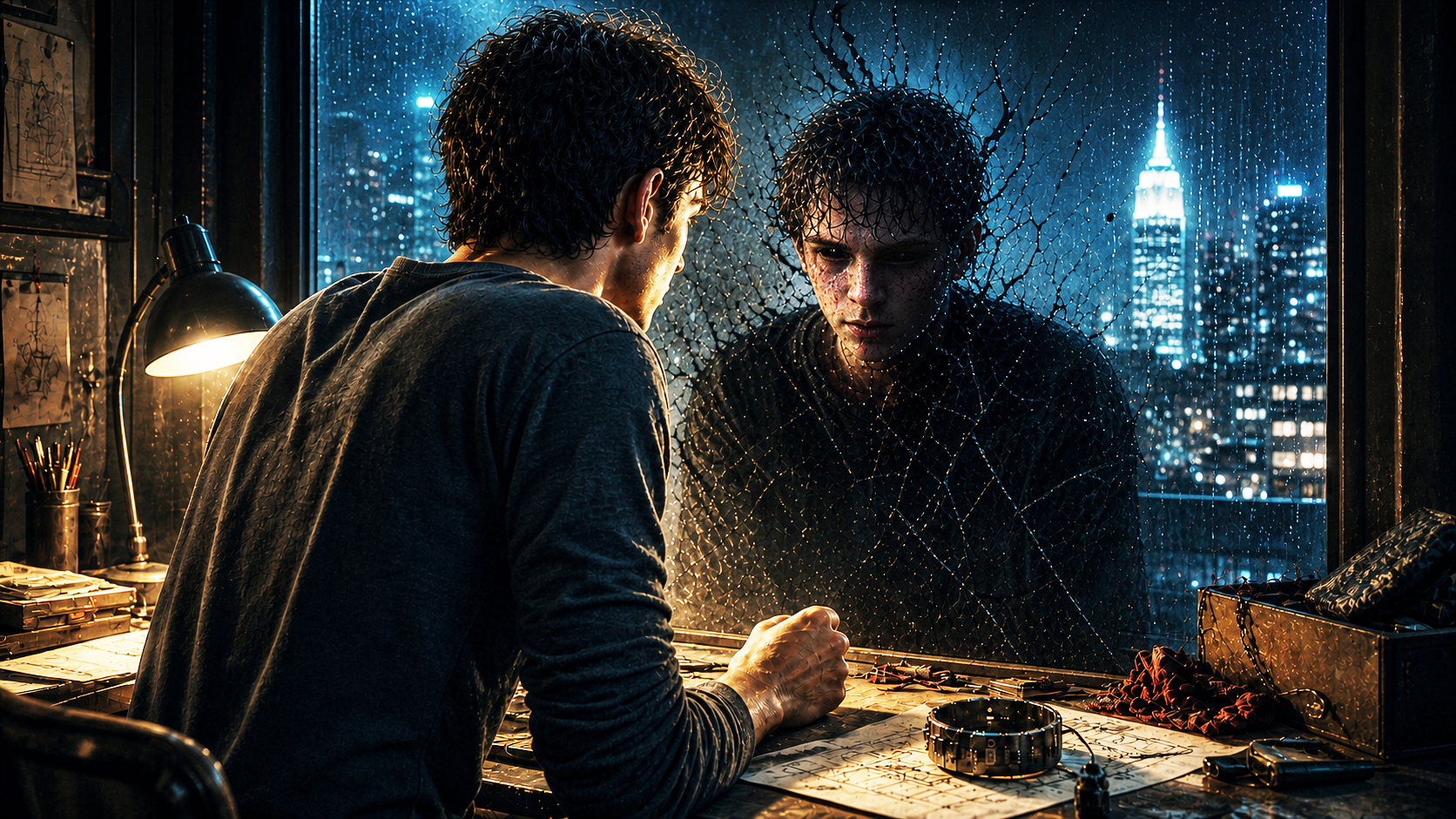 Peter Parker frente a un reflejo oscuro que representa su crisis de identidad